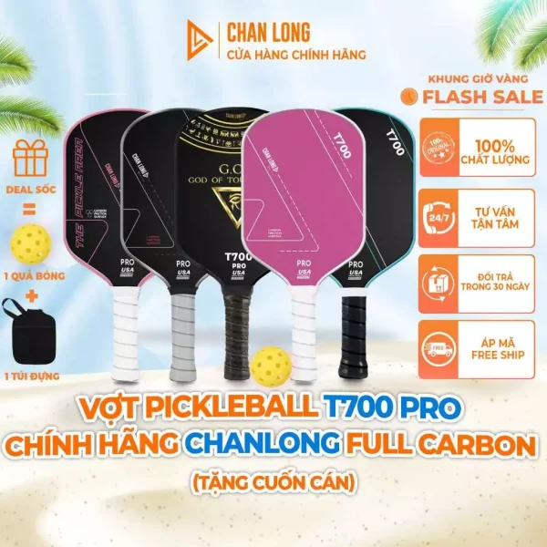 [TẶNG CUỐN CÁN] Vợt Pickleball T700 Pro Chính Hãng. Full Carbon 16mm Mặt Nhám Siêu Nhẹ Cho Thi Đấu, Luyện Tập, Mới Chơi Công Thủ Toàn Diện