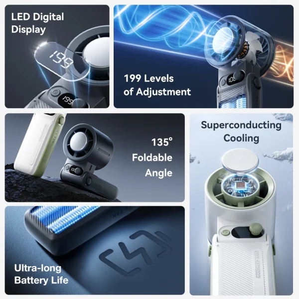 JAMAY Quạt cầm tay có thể sạc lại với 199 gió mạnh Với không khí lạnh Màn hình LED kỹ thuật số ngoài trời bền bỉ F5PRO - Hình ảnh 4