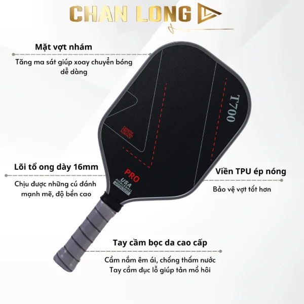 [TẶNG CUỐN CÁN] Vợt Pickleball T700 Pro Chính Hãng. Full Carbon 16mm Mặt Nhám Siêu Nhẹ Cho Thi Đấu, Luyện Tập, Mới Chơi Công Thủ Toàn Diện - Hình ảnh 5