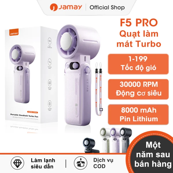 JAMAY Quạt cầm tay có thể sạc lại với 199 gió mạnh Với không khí lạnh Màn hình LED kỹ thuật số ngoài trời bền bỉ F5PRO